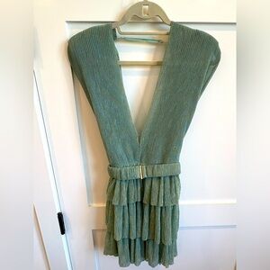 Olivaceous Tiered metallic aqua/teal belted mini dress.